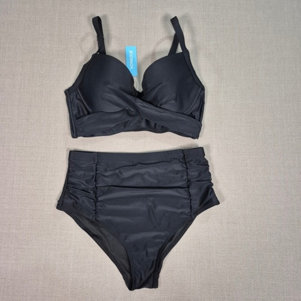 Yonique Womens Underwire Bikini Set‎ High Waisted Ruched Tummy Control Black M